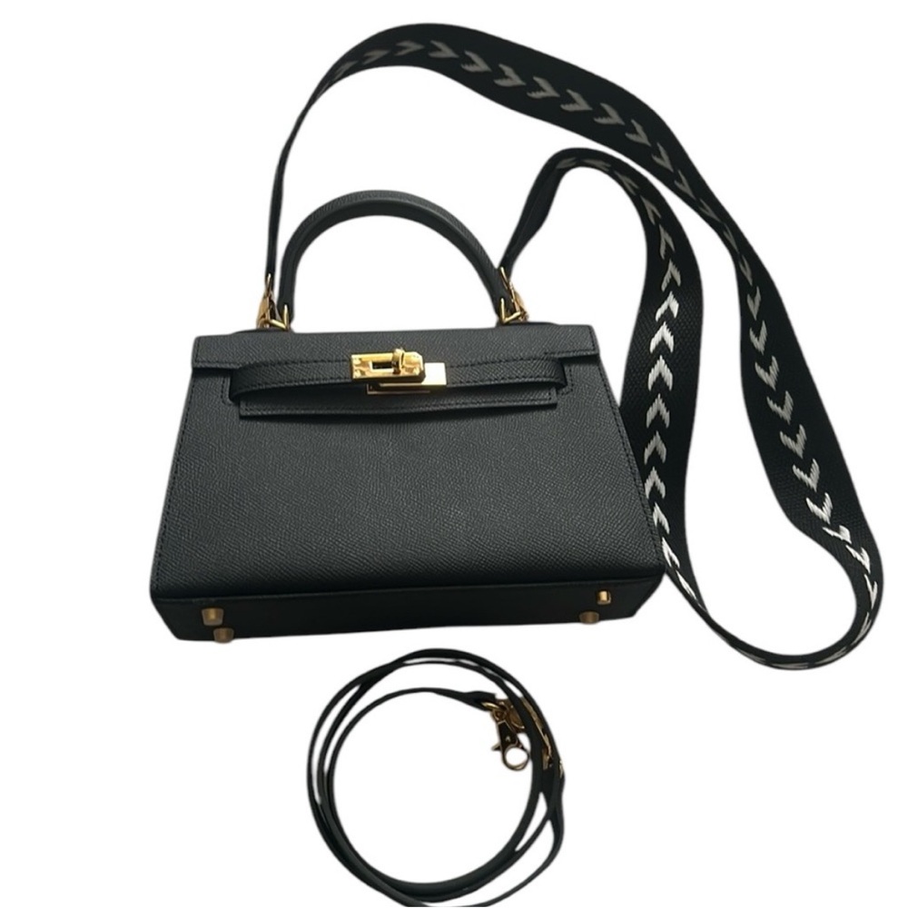 Black leather designer Women's Bag Kelly style detachable straps top handle